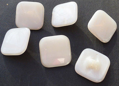 1.4cm Square  White Vintage Glass Buttons - 6 of them..