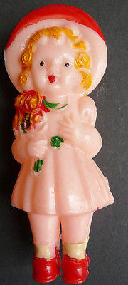 Gorgeous Vintage 1940s Doll Rattle - Little Girl With Flowers - 9cm tall