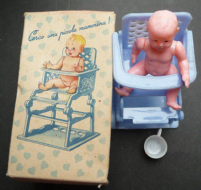 Wonderful Vintage Boxed Italian Moveable Doll, High Chair & Potty
