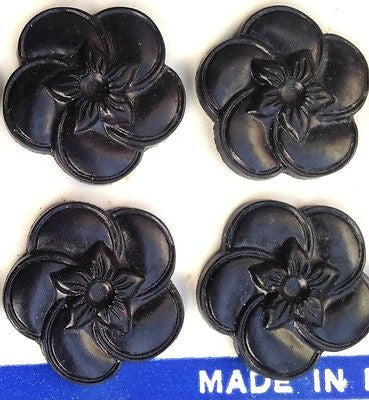 Black 2.2cm Vintage 1940s English Bakelite Flower Buttons