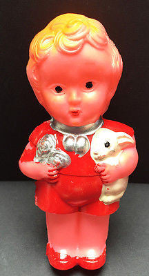 Charming but Rather Worried Vintage Boy and Rabbit Rattle