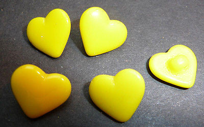 5 Vintage 1.4cm Bright Yellow Glass Heart Buttons