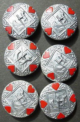 6 Vintage 2.5cm Metal Buttons - Boy in Canoe with Hearts !