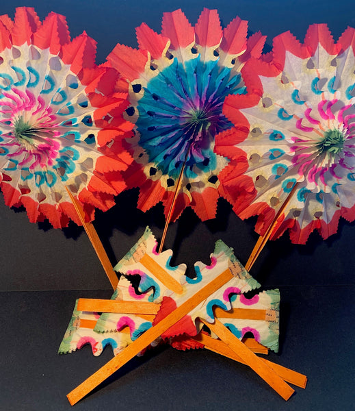 5 Vibrant Vintage and Eternally Reusable 1950s Paper Fan Decorations 15cm Made in Japan