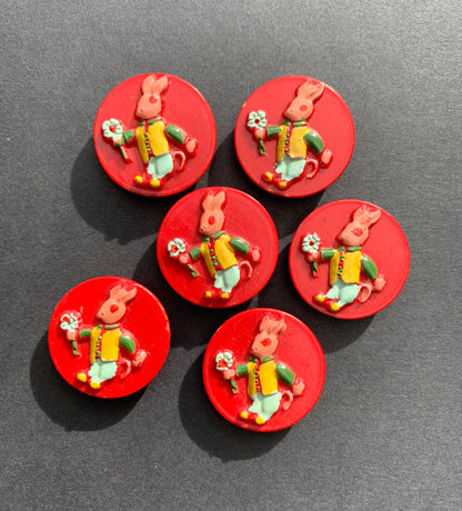 Red Vintage Rabbit 2cm Buttons - 6 of them - Hand painted