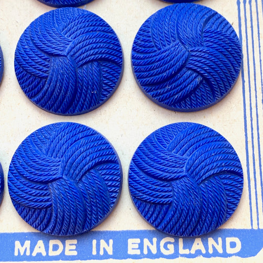 1940s Bright Blue 2.3cm Interlocking Thread Buttons -12 on Display Card- Made in England