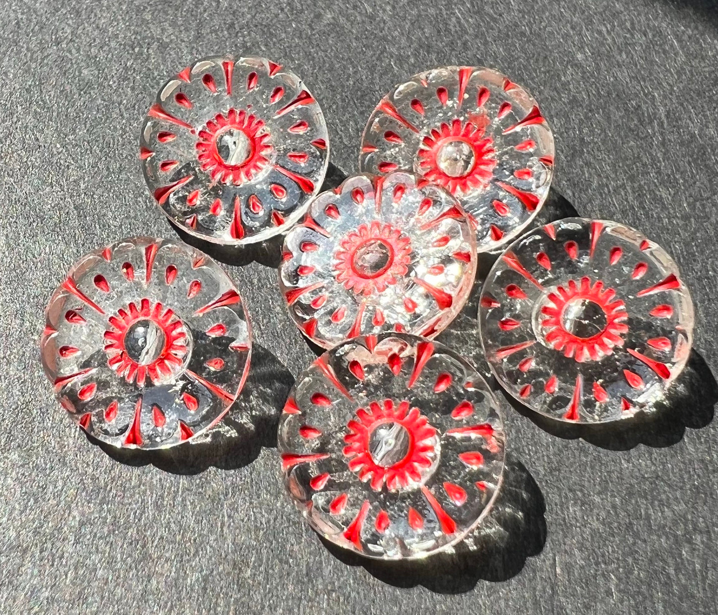 6 Striking Red Painted 1920s Glass Buttons - 15mm wide