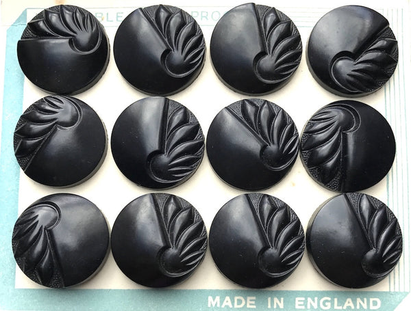 Black VERY Deco English 1940s Catalin Buttons - 12 of them - 2.2 & 1.8cm