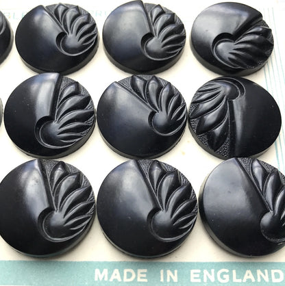 Black VERY Deco English 1940s Catalin Buttons - 12 of them - 2.2 & 1.8cm