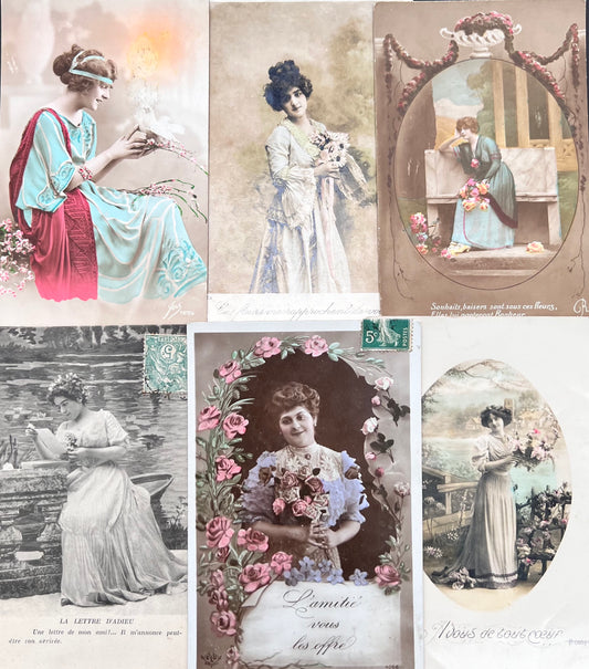 6 French Postcards  dated 1907 - 1922 of Fashionable Young Ladies (121)
