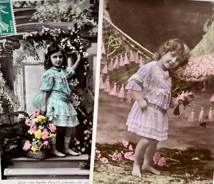 4 Hand Tinted Early 1900s French Postcards of Girls in Pretty Dresses (123)