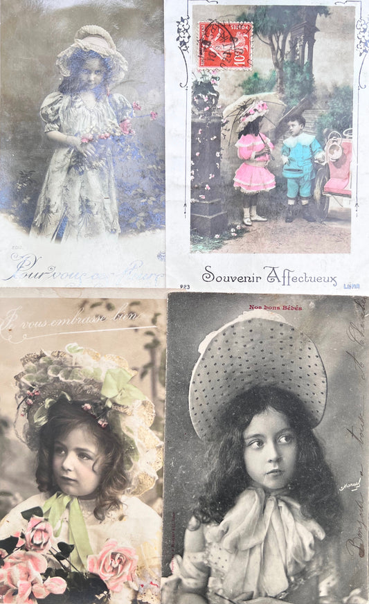 4 Early 1900s French Postcards of Small Girls in Big Hats (125)