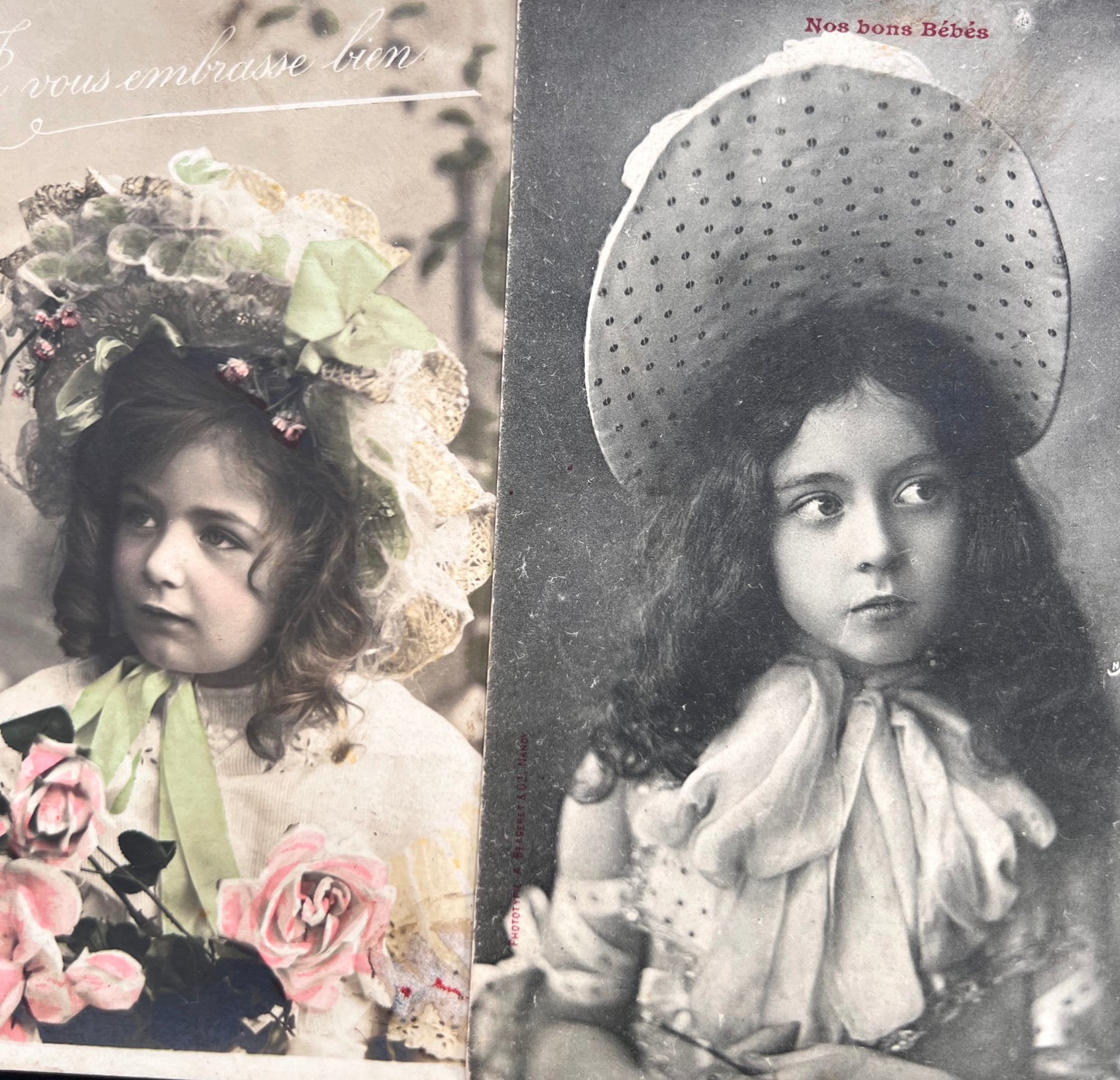 4 Early 1900s French Postcards of Small Girls in Big Hats (125)