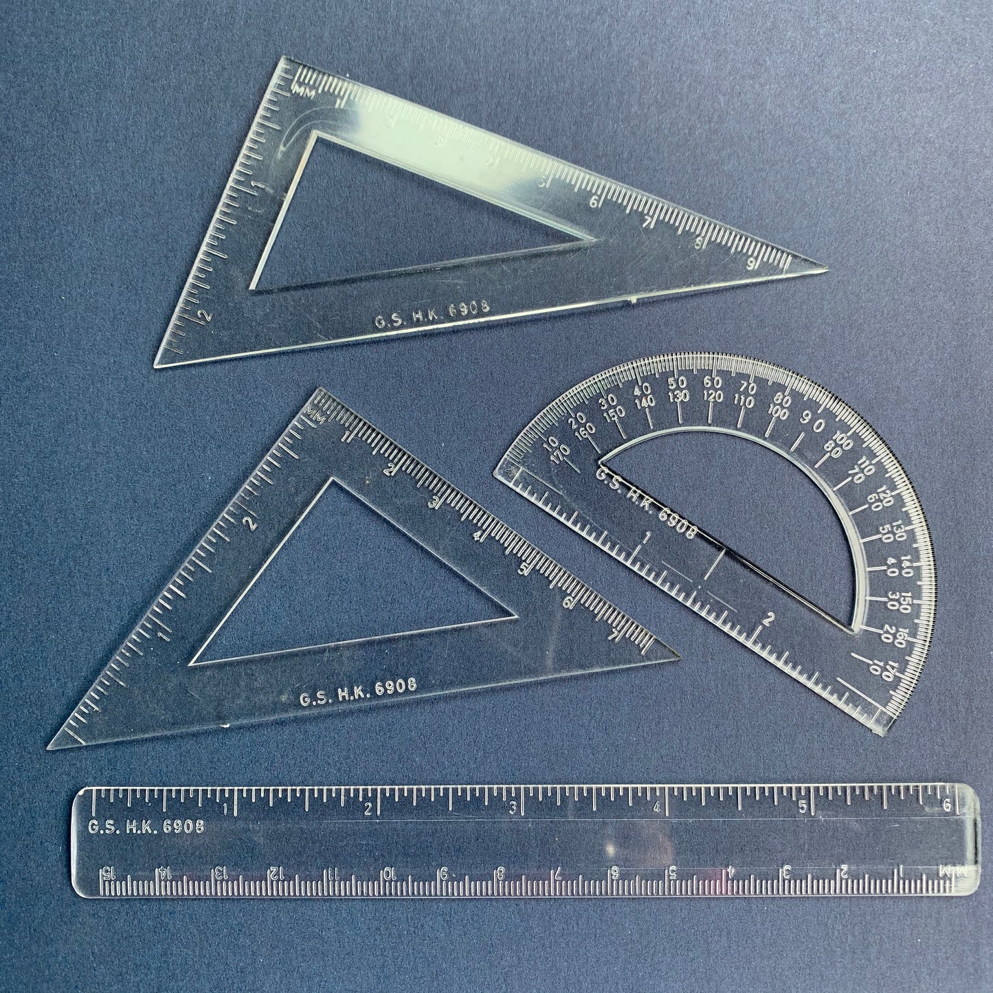1960s School Set - Ruler, 2 Set Squares and Protractor