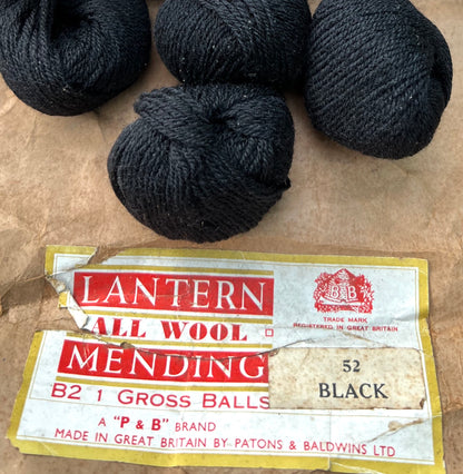 2 Balls of Vintage Black 1/2 mm Mending Wool.