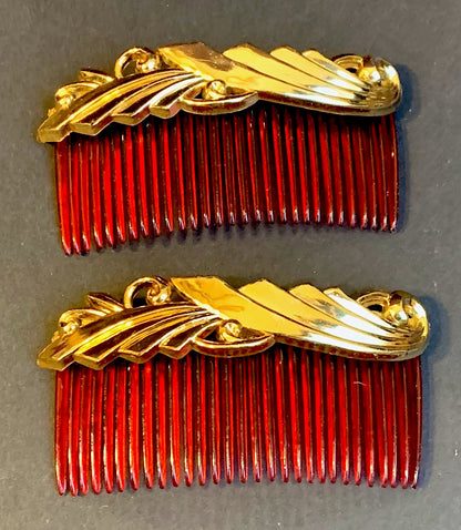 Dramatic 1940s Tortoiseshell and Gold Hair Combs - 8cm wide