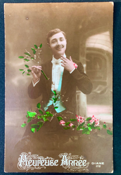 Dapper Young Man on 1900s French Christmas Postcard