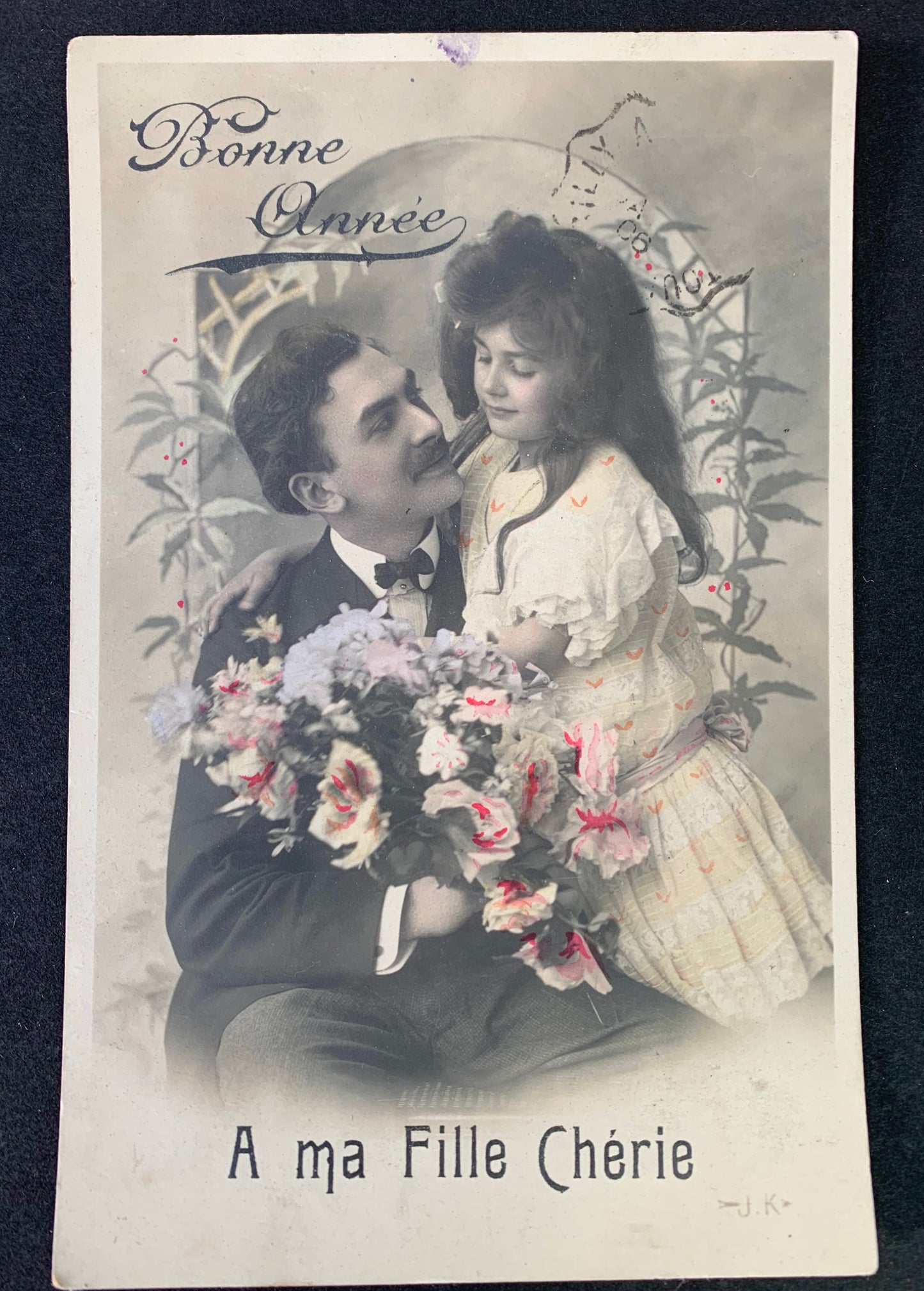 Charming Father and Daughter 1900s French Christmas Postcard
