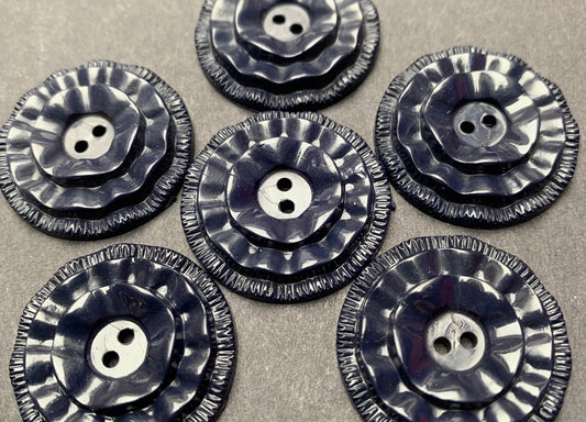 6 Very Dark Blue Ruffled Vintage 2.8cm French Buttons.