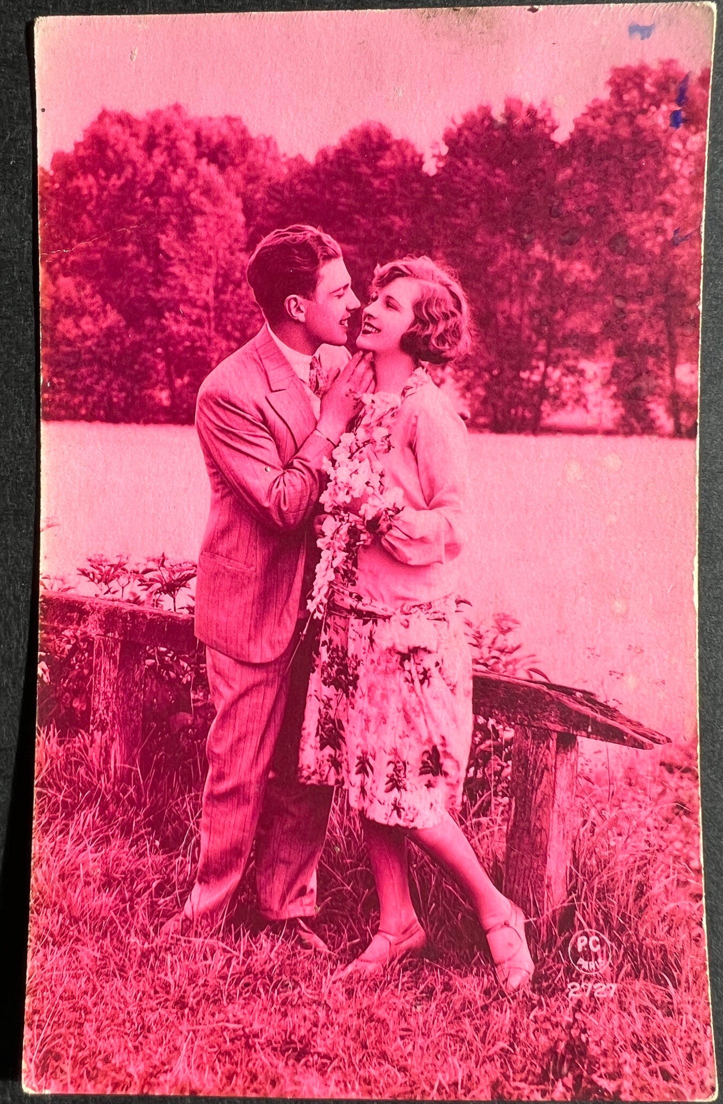 Smooching in The Country 1920s French Romantic Pink Tinted  Postcard