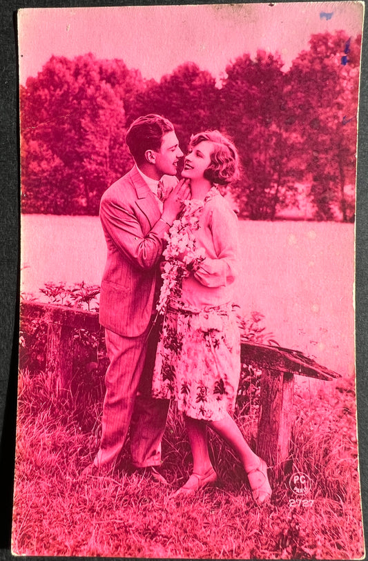 Smooching in The Country 1920s French Romantic Pink Tinted  Postcard