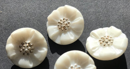 6 Lovely Vintage French 1.4cm Milk Glass Handpainted Flower Buttons