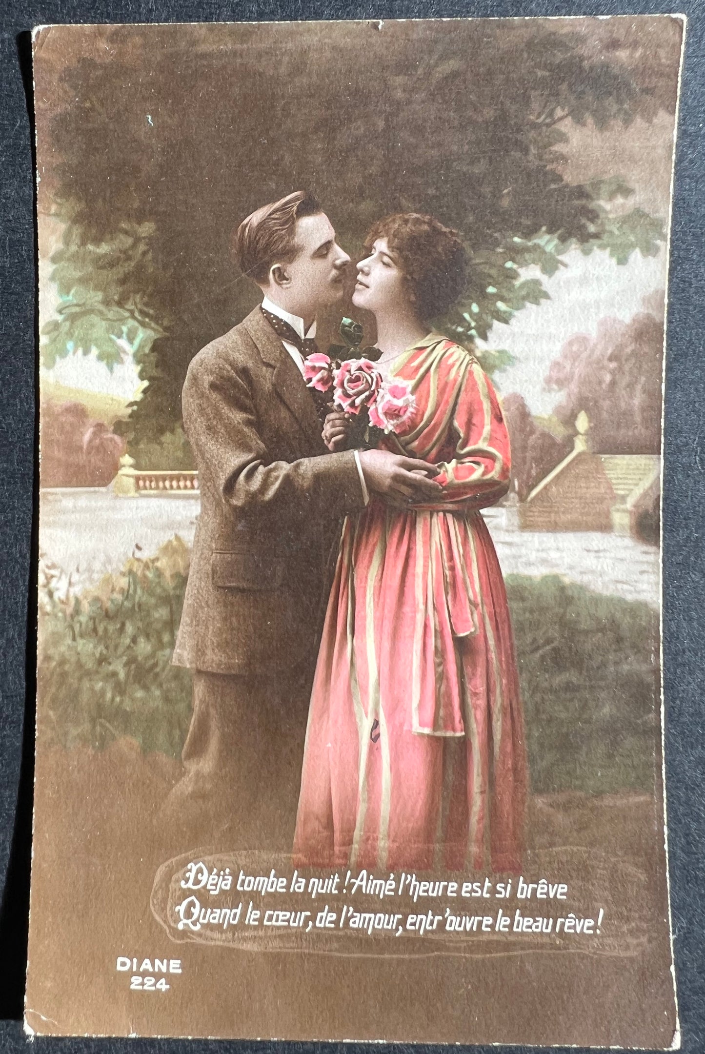 Dated 1921 French Romantic Couple Hand Tinted Postcard