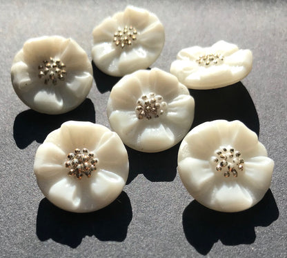 6 Lovely Vintage French 1.4cm Milk Glass Handpainted Flower Buttons