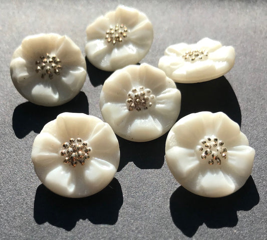 6 Lovely Vintage French 1.4cm Milk Glass Handpainted Flower Buttons