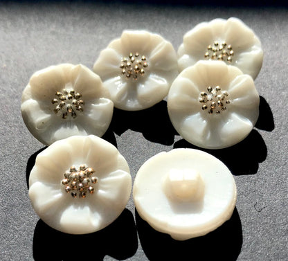 6 Lovely Vintage French 1.4cm Milk Glass Handpainted Flower Buttons