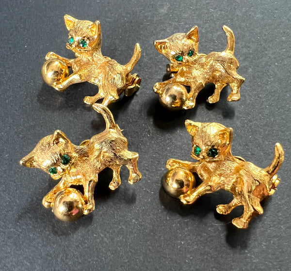 Playful Gold Plated Little Kitten with Big Green Eyes Vintage Brooch