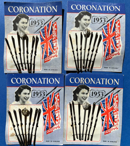 10 Genuine (slightly grubby) 1953 Queen Elizabeth 11 CORONATION Hair Pins with CROWNS