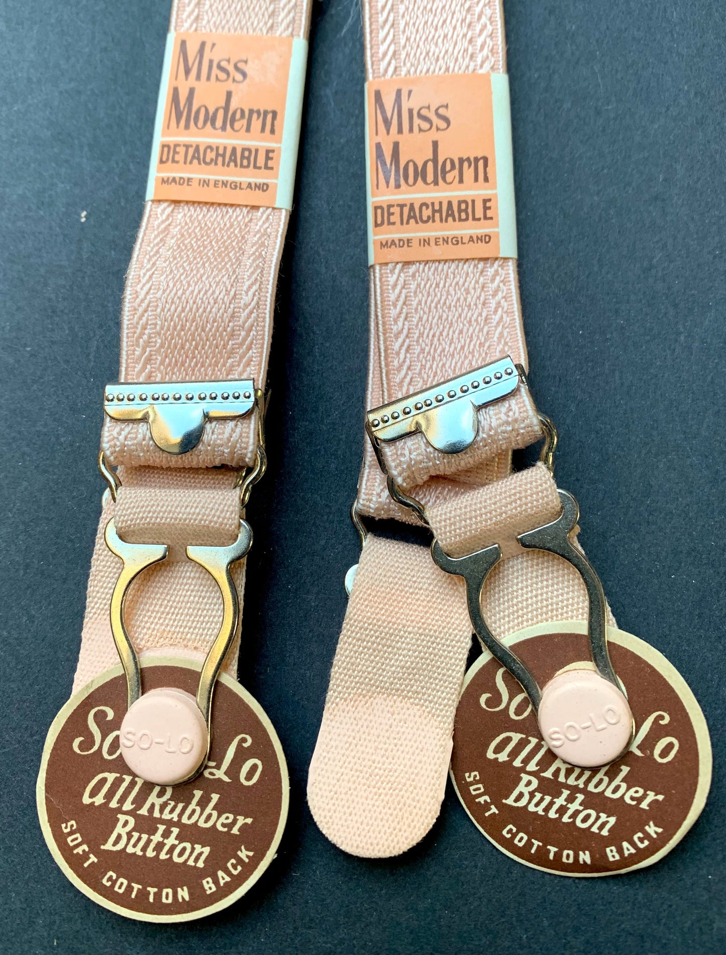 1940s Miss Modern "DETACHABLE" Pink Rubber Button SUSPENDERS 2cm wide