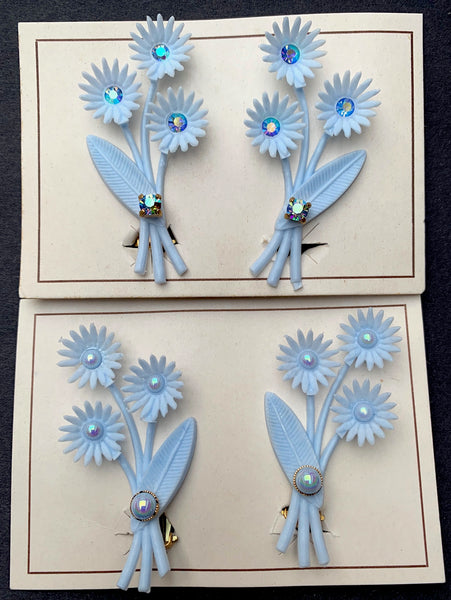 Tranquil Pale Blue 1950s Flower Clip-On Earrings