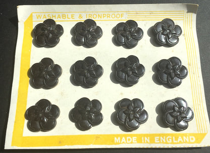 12 English Bakelite Very Dark Brown Flower 1940s Buttons -2.2 or 1.8cm