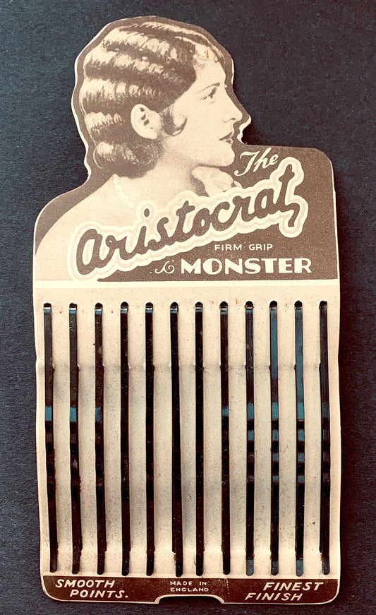 Display Card of 1920/30s ARISTOCRAT MONSTER 7cm Hair Grips Made in England