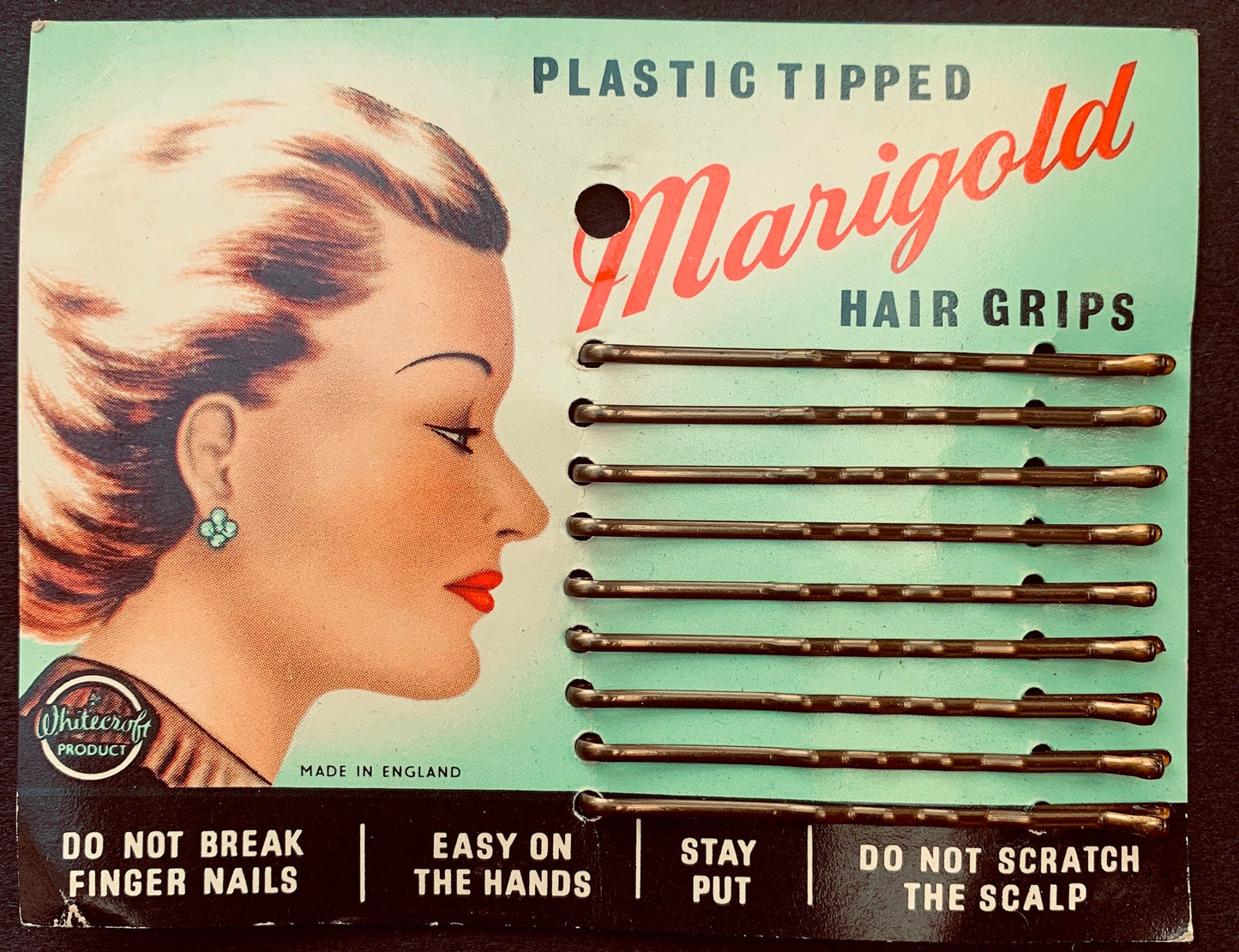 1940s MARIGOLD  Plastic Tipped HAIR GRIPS.. Made in England - 5 or 6cm