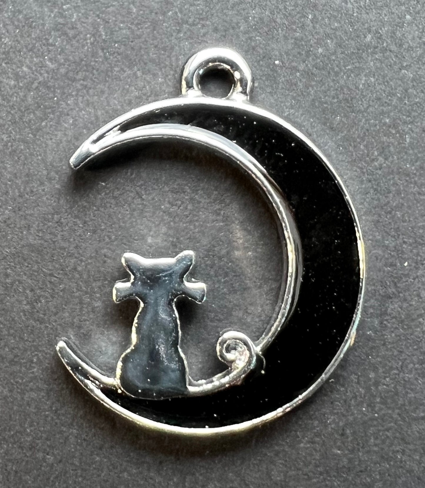 Black Enamel Crescent Moon and Silver Cat Charm / Pendant