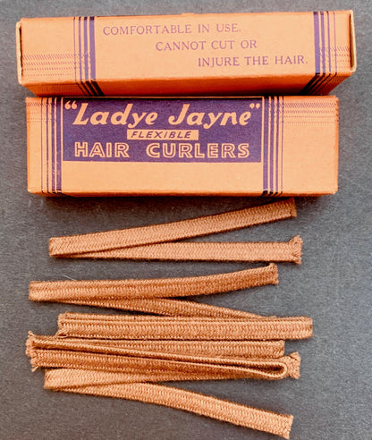 1930s Box of  6" long FLEXIBLE "Ladye Jayne" fabric covered Hair Curlers