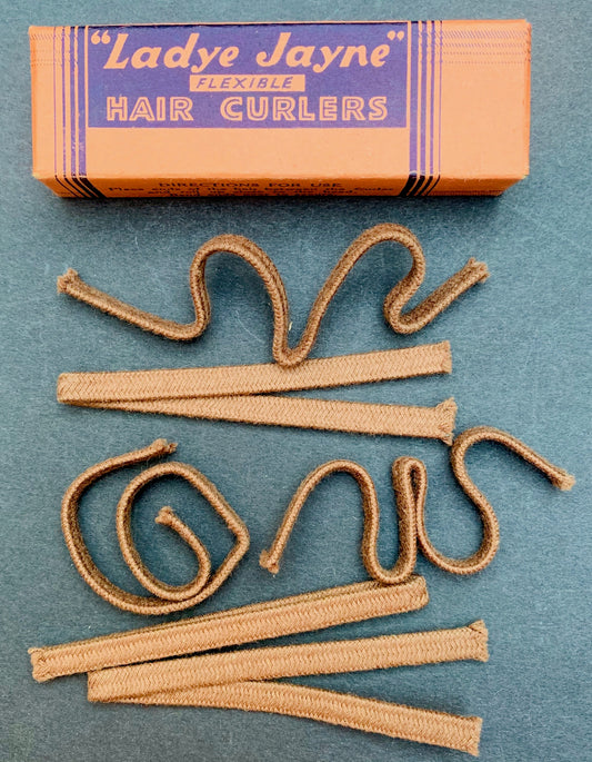 1930s Box of  6" long FLEXIBLE "Ladye Jayne" fabric covered Hair Curlers