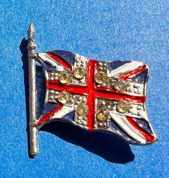 1940s Enamel Union Jack and Rhinestone God Bless England Long Live the King Brooch