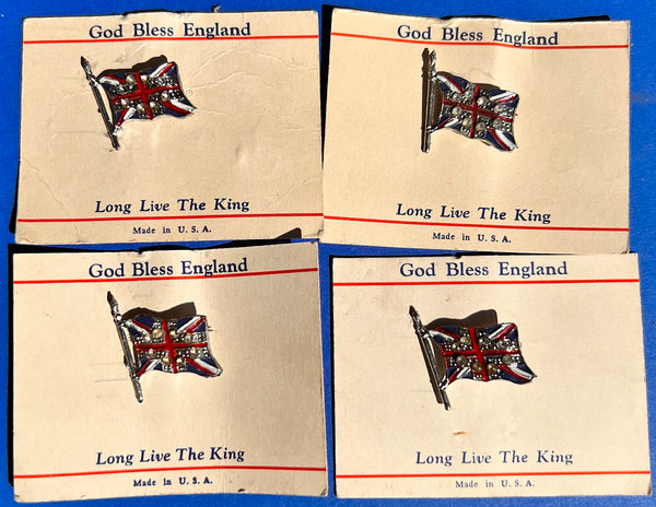 1940s Enamel Union Jack and Rhinestone God Bless England Long Live the King Brooch