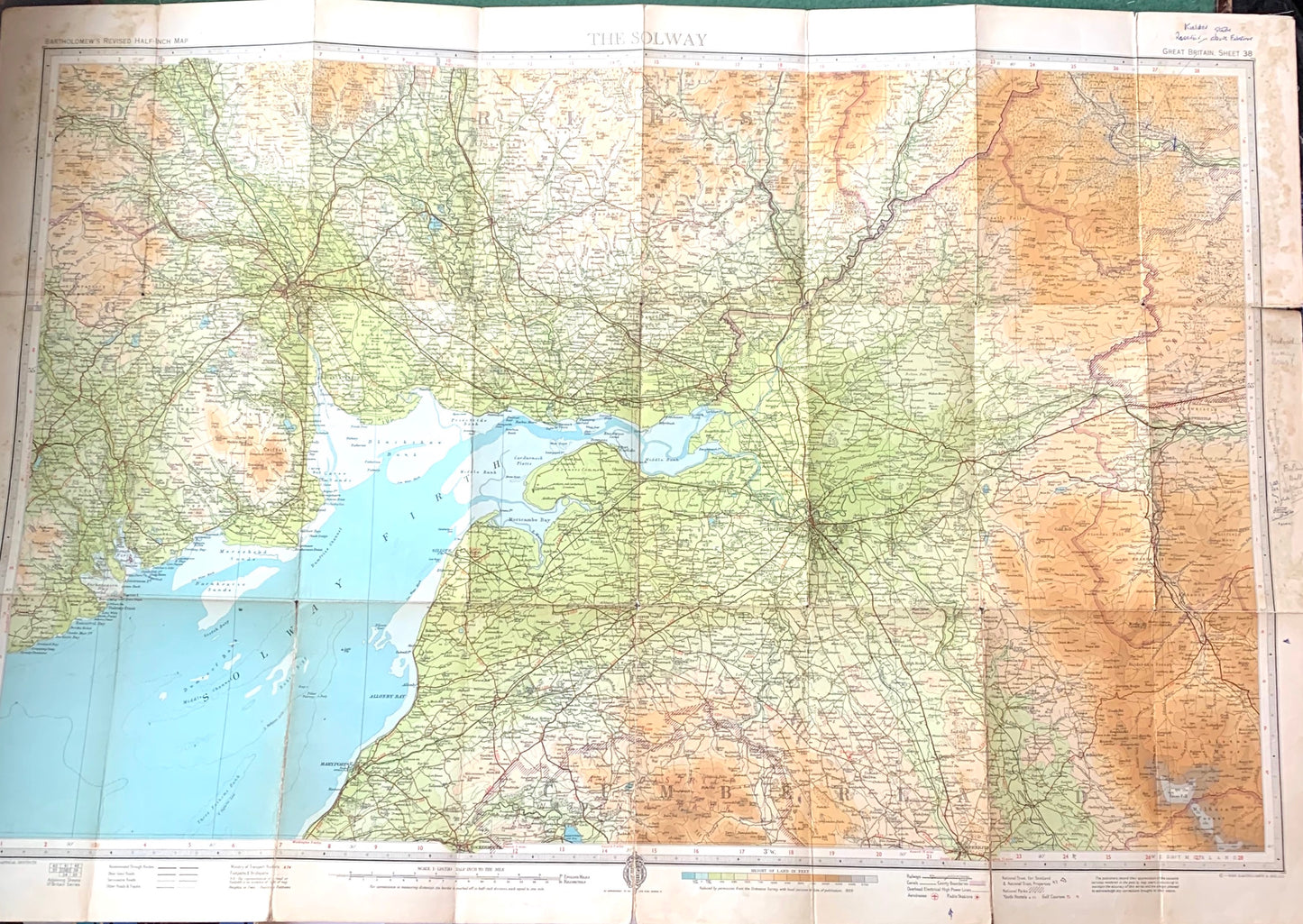 The Solway 1940s & 1950s Cloth mounted Maps Sheet 38. Incl. Carlisle, Penrith, Dumfries.