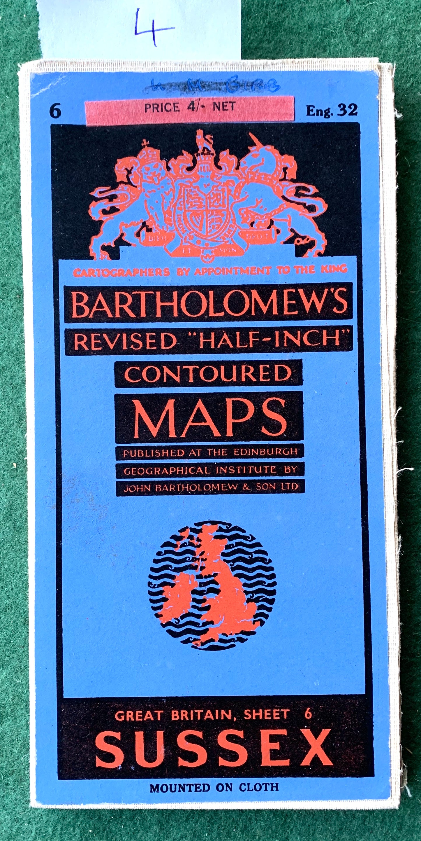 Sheet 32 Sussex 1930s to 1950s Bartholomew "Half-Inch" Contoured Maps incl Brighton, Tunbridge Wells, Hastings