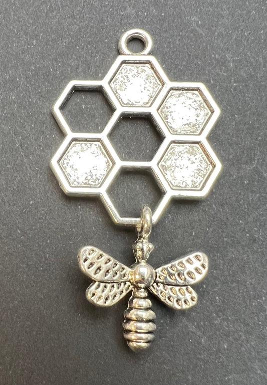 Silver Bee and Honeycomb 4cm  Charm / Pendant