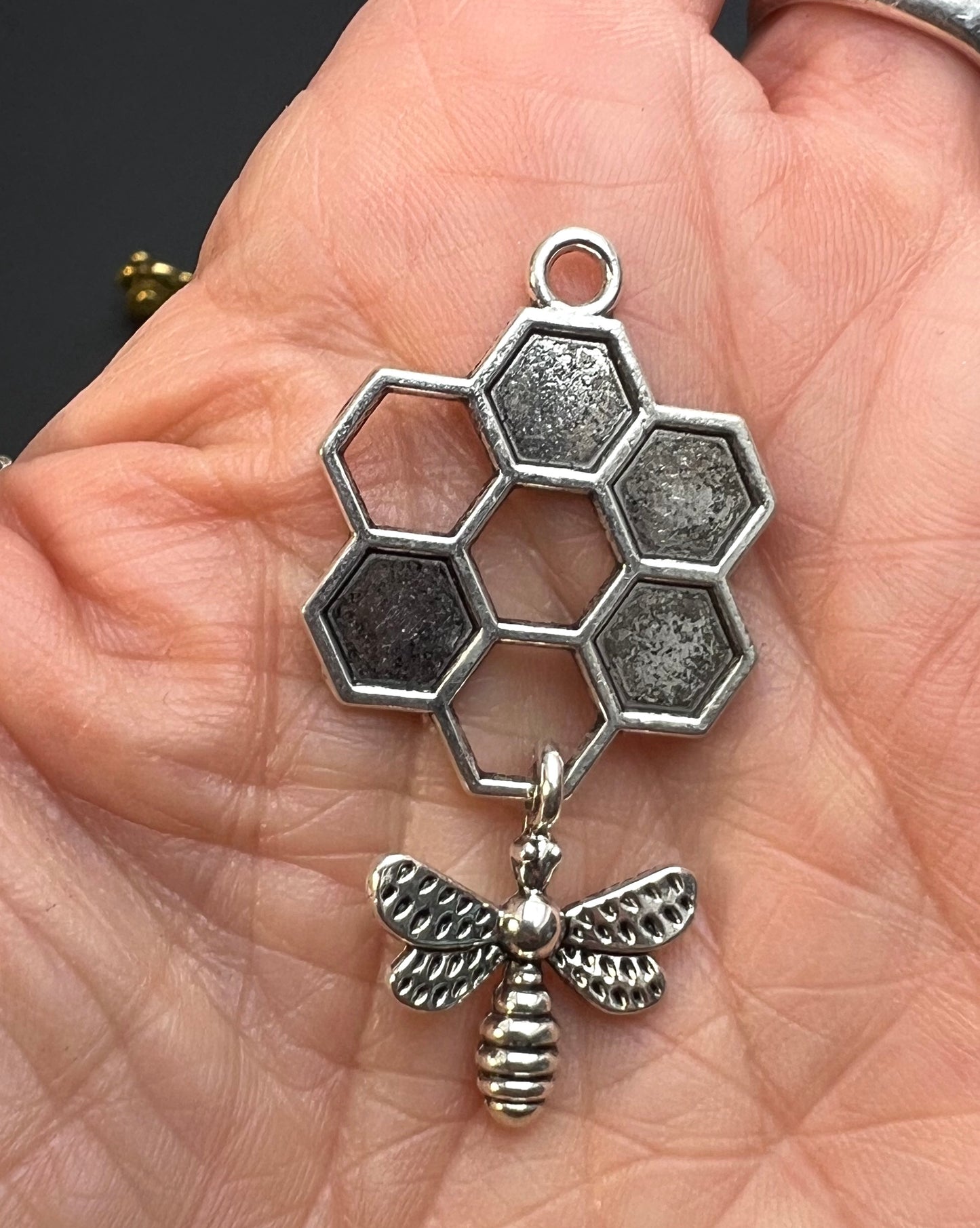 Silver Bee and Honeycomb 4cm  Charm / Pendant