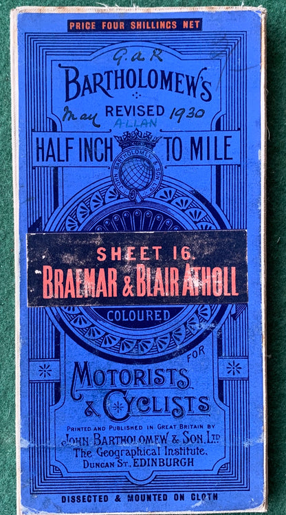 1930s Bartholomew's Half Inch to Mile Map of Braemar & Blair Atholl Sheet 16
