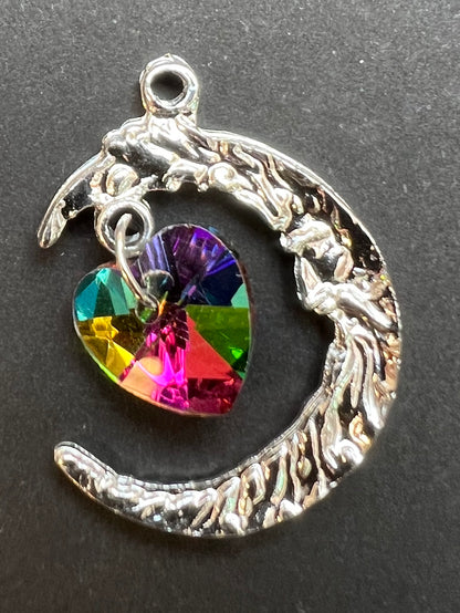 Man in the Moon with Aurora Borealis Crystal Heart 2.2cm Pendant