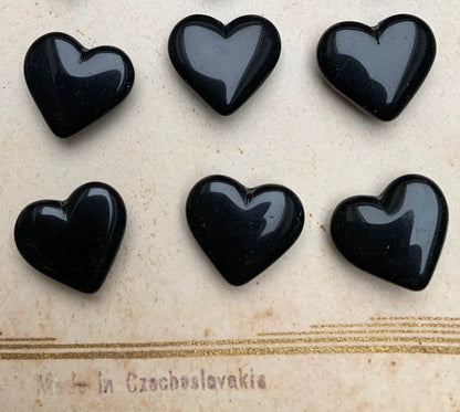 6 Vintage 1930s Black Czech 1.4cm Glass Heart Buttons