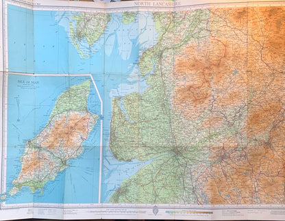 1940s & 1950s Cloth Mounted Maps of North Lancashire Sheet 31. Incl. isle of Man, Preston, Blackpool, Rochdale, Southport.